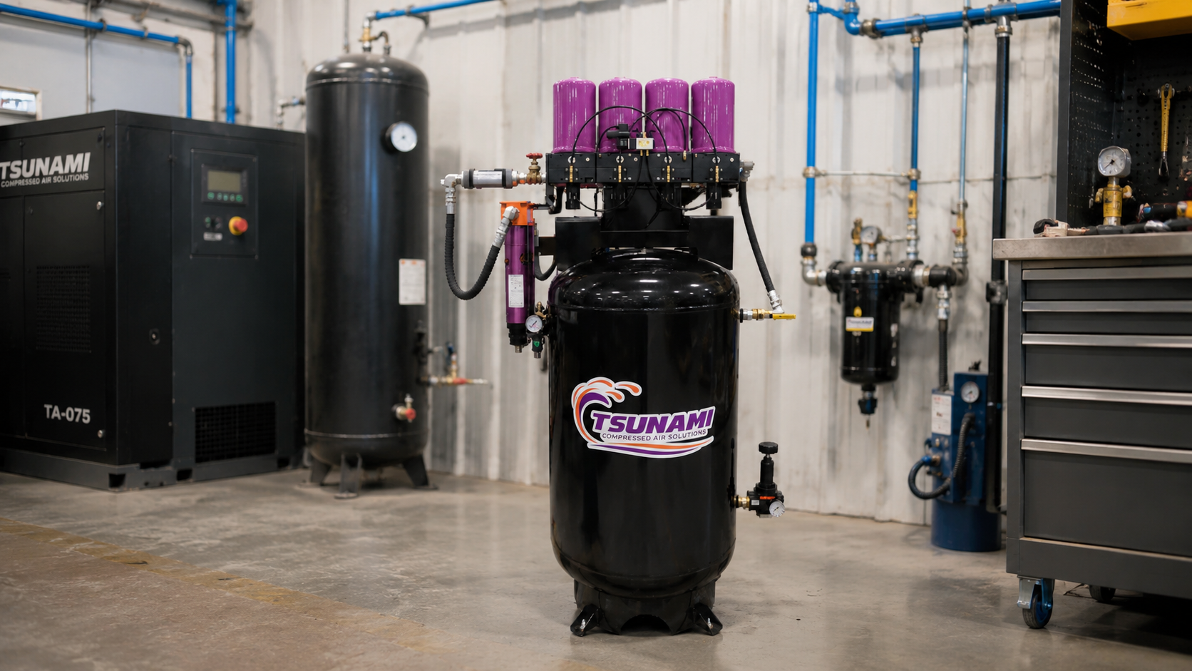 Industrial Tsunami compressed air filtration and drying system in a workshop